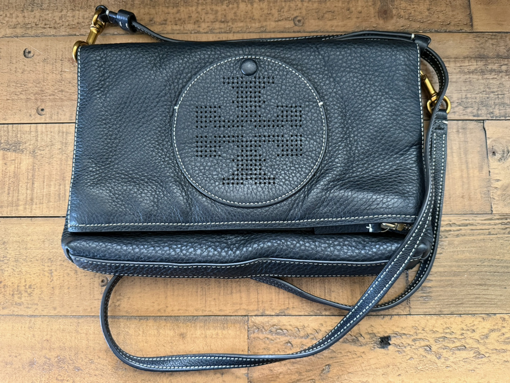 Tory Burch Leather Crossbody Bag Medium Black Pebbled Perforated Circle Logo
